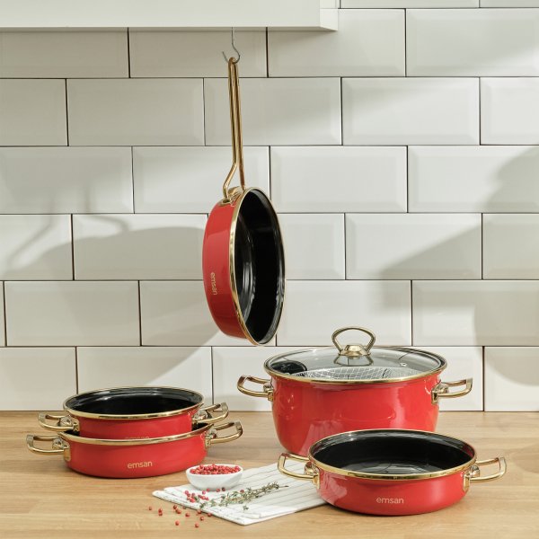 Emsan Nostalji Emaye Kırmızı Tava Sahan Set