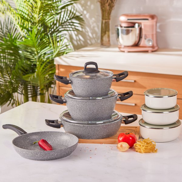 Emsan One And All Lav Grey 13 Parça Granit Tencere ve Emaye Saklama Kabı Seti