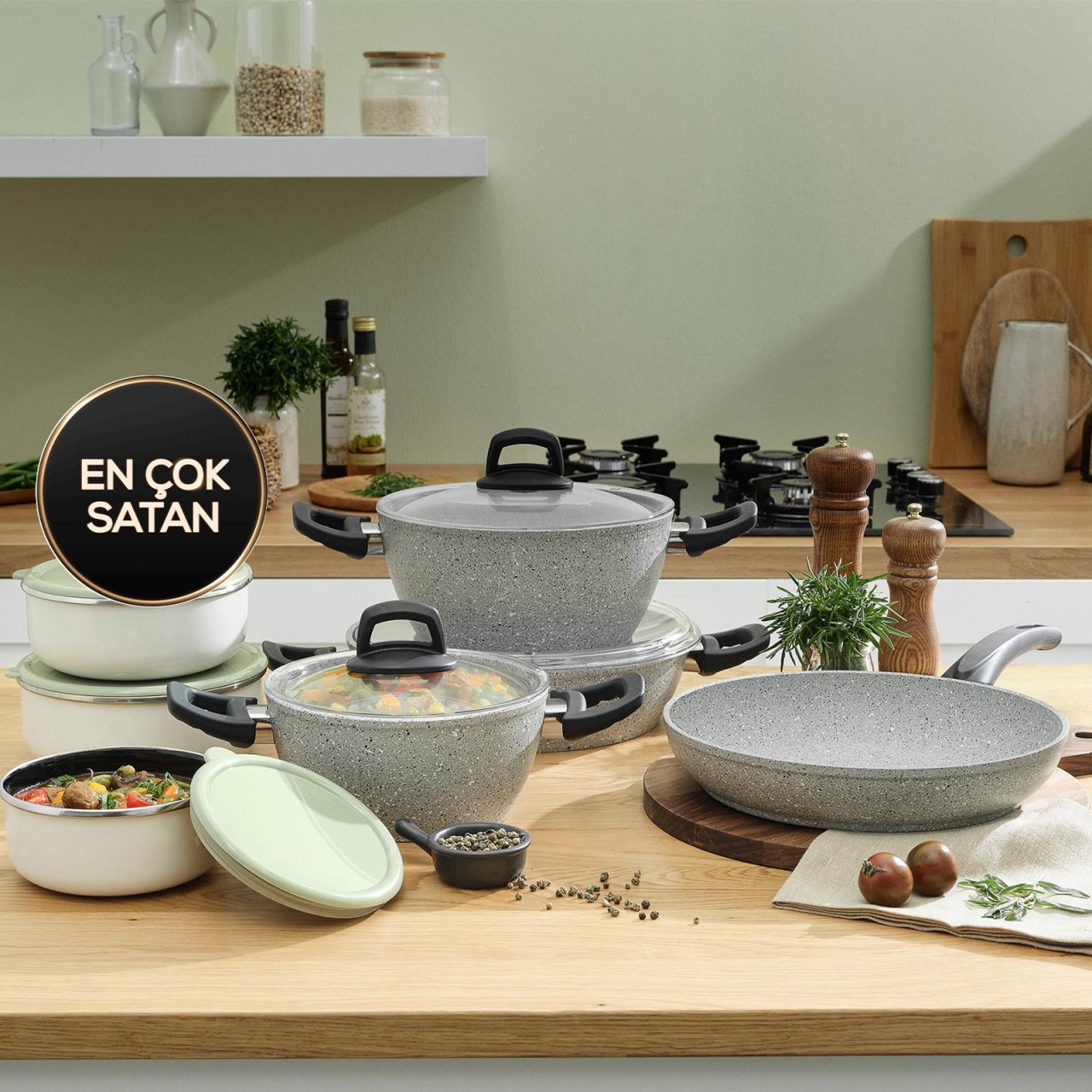 Emsan One And All Lav Grey 13 Parça Granit Tencere ve Emaye Saklama Kabı Seti