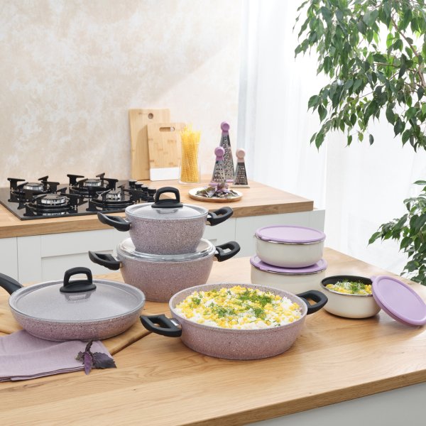 Emsan One And All Lila 13 Parça Granit Tencere ve Emaye Saklama Kabı Seti