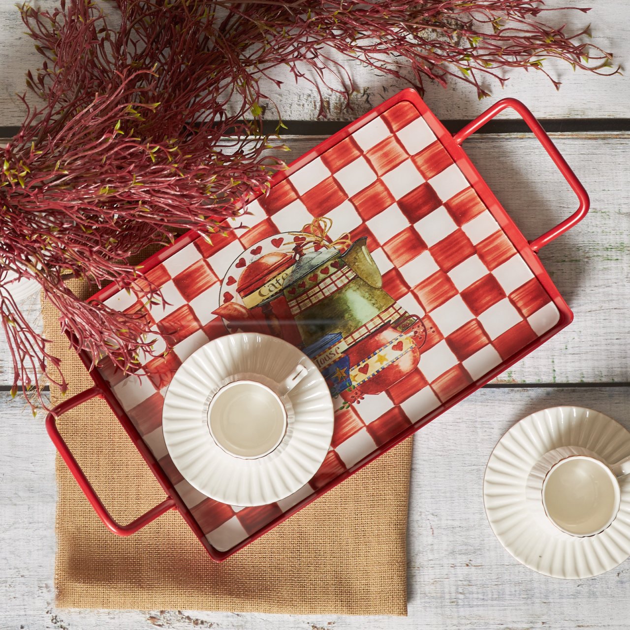 Emsan Teapot Kırmızı Küçük Tepsi 30x20 cm