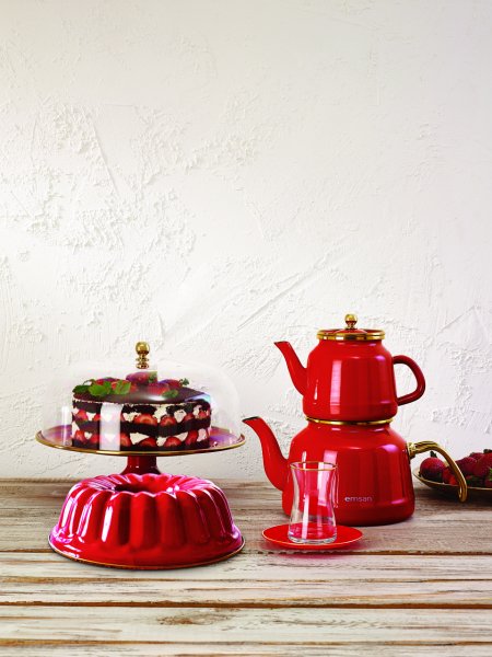 Emsan Troy Maxi İndüksiyon Tabanlı Emaye Çaydanlık Takımı Kırmızı