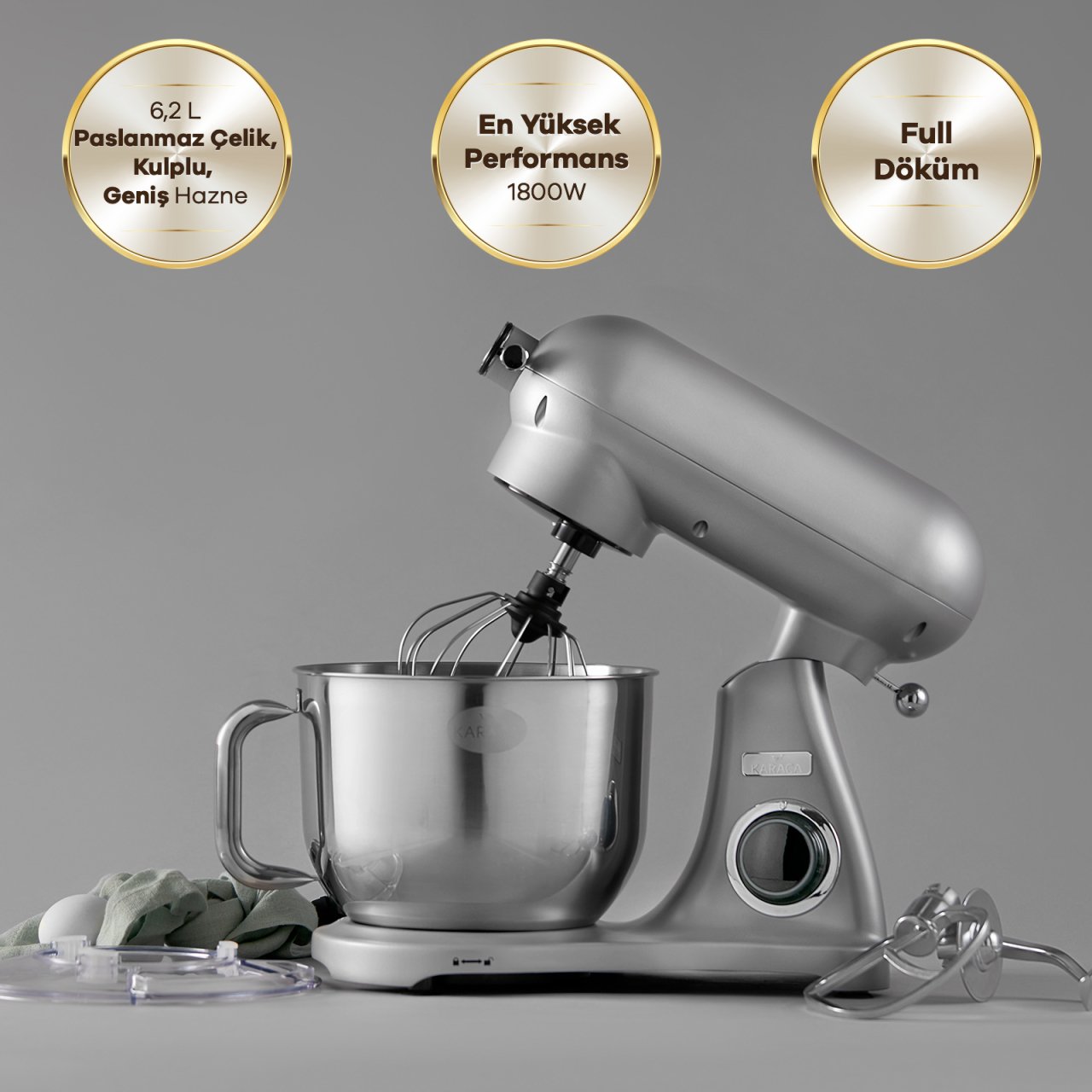 Karaca Powercast Chef Döküm Stand Mikser Silver Mutfak Şefi 1800W 6,2 Lt