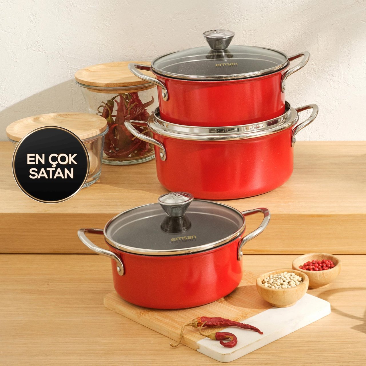 Emsan Aventura Granit Yüzeyli 6 Parça Kırmızı Tencere Seti