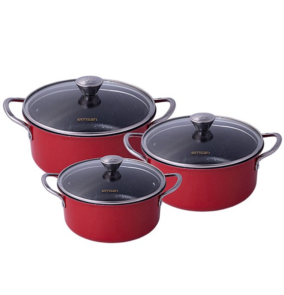 Emsan Aventura Granit Yüzeyli 6 Parça Kırmızı Tencere Seti