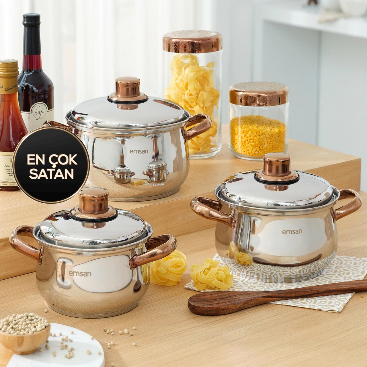 Emsan Azure İndüksiyon Tabanlı 6 Parça Titanyum Çelik Tencere Seti Rose Gold