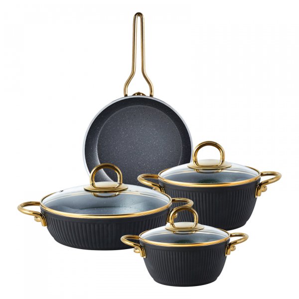 Emsan Granit Line 7 Parça Tencere Seti Siyah-Gold